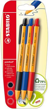 Penna a sfera Ecosostenibile - STABILO pointball - CO2 neutral - Pack da 3 - Nero/Blu/Rosso