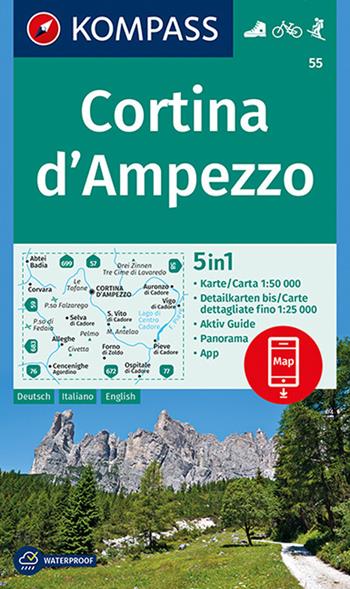 Carta escursionistica n. 55. Cortina d'Ampezzo 1:50.000. Ediz. italiana, tedesca e inglese  - Libro Kompass 2018 | Libraccio.it